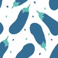 Seamless pattern with whole blue eggplants and seeds.