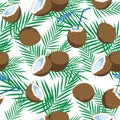 Seamless pattern of whole coconut, half and palm leaves on white background Royalty Free Stock Photo