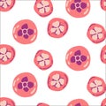 Seamless pattern with whole and cut mangosteen stylized in orange and pink colors. Royalty Free Stock Photo