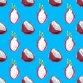 Seamless pattern. Whole fruits and halves of coconut.