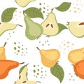 Seamless pattern with whole and halved pear green and yellow fruits vector illustration on white background Royalty Free Stock Photo