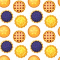 Seamless pattern with whole homemade pies with lemons, blueberries, apples, strawberries or raspberries Royalty Free Stock Photo