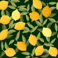 Seamless pattern of whole lemon citrus yellow fruit with green leaves flat vector illustration on dark green background