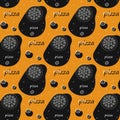 Seamless pattern with whole pepperoni pizza abstract spots black on orange background