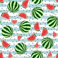 Seamless pattern whole, pieces of watermelon