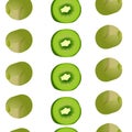 Seamless pattern of whole and sliced kiwis lined up in rows. Vector illustration isolated on white background.