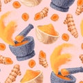 Seamless pattern of whole and sliced turmeric