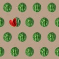 Seamless pattern from whole watermelons. One watermelon in the pattern is cut and a red slice sticks out of it