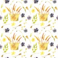 Whatercolor floral seamlees pattern with wicker basket with spikelets of wheat, flax flowers, and leaves on white background.