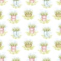 Watercolor seamless pattern with bouquet with lilies of the valley on wicker basket, bucket and rubber boot