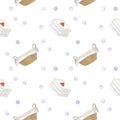 Seamless pattern with a wicker laundry basket and white terry towels stacked, background with the image of soap bubbles Royalty Free Stock Photo