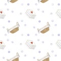 Seamless pattern with a wicker laundry basket and white terry towels stacked, background with the image of soap bubbles Royalty Free Stock Photo