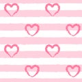 Seamless pattern with wide textured pink stripes and textured hand-drawn hearts. A simple summer, pastel pattern for valentine