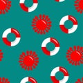 Seamless pattern wiht red and white lifebuoy and sun on blue background, summer symbol.Life Belt. Vector colorful flat