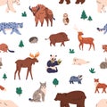 Seamless pattern, wild animals. Endless fauna background design, repeating print. Repeatable wildlife, beasts texture, bison, elk