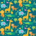 Seamless pattern wild animals in jungle. Kids vector