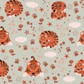 Seamless pattern with wild animals in nature. Stylized tiger in flat style