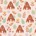 Seamless pattern with wild animals in nature. Stylized tiger in flat style