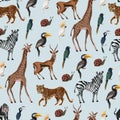 Seamless pattern with wild animals such as zebra, parrot, toucan, monkey, giraffe and antilope.