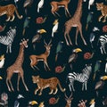 Seamless pattern with wild animals such as zebra, parrot, toucan, monkey, giraffe and antilope.