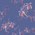 Seamless pattern of wild beige and violet flowers of lily on a dark blue background. Watercolor