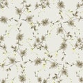 Seamless pattern wild beige and yellow branches of small flowers and on a light green cell background. Watercolor -5 Royalty Free Stock Photo