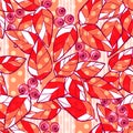 Seamless pattern wild berries branch leaves retro background