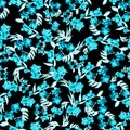 Seamless pattern wild blue flower and leaves on black background. Watercolor floral illustration. Botanical decorative element. Royalty Free Stock Photo