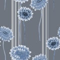 Seamless pattern of wild blue flowers on a dark gray background with vertical stripes. Watercolor Royalty Free Stock Photo