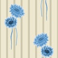 Seamless pattern of wild blue flowers on a light beige background with vertical beige stripes. Watercolor Royalty Free Stock Photo