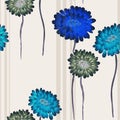 Seamless pattern of wild blue and green flowers on a light beige background with vertical stripes. Watercolor Royalty Free Stock Photo