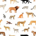 Seamless pattern with wild cats on white background. Backdrop with exotic carnivorous animals of Felidae family Royalty Free Stock Photo