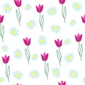 Seamless pattern wild daisies, abstract pink tulips on white background, vector eps 10 Royalty Free Stock Photo