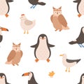 Seamless pattern with wild and domestic birds for printing. Endless repeatable backdrop with owl, penguin, gull, toucan