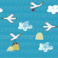 Seamless pattern with wild ducks, waves and clouds in cartoon style