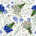 Seamless pattern with wild flowers daisies and cornflowers. Watercolor hand drawn illustration. On a white background