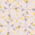 Seamless pattern wild gray and yellow flowers and branches on a light pink cell background. Watercolor