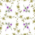 Seamless pattern wild green and violet branches of small flowers and on a white cell background. Watercolor -5