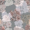 Seamless pattern of green, violet and gray flowers of peonies on a deep gray background. Floral background. Watercolor