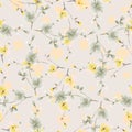 Seamless pattern wild green and yellow flowers and branches on a light beige cell background. Watercolor Royalty Free Stock Photo