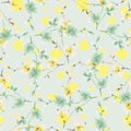 Seamless pattern wild green and yellow flowers and branches on a light green cell background. Watercolor Royalty Free Stock Photo