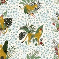 Seamless pattern with wild jungle cheetahsÃ¢â¬â¢ animals in different poses and exotics floral and leaves