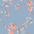 Seamless pattern of wild orange flowers and branches on a blue-gray background with geometric figures. Watercolor