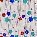 Seamless pattern of wild red, blue, turquoise flowers on a light beige background. Watercolor Royalty Free Stock Photo