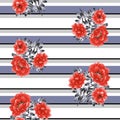 Seamless pattern of red flowers of peony on a white background with gray, black and blue horizontal stripes. Watercolor Royalty Free Stock Photo