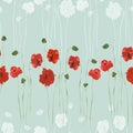 Seamless pattern of red and gray flowers of poppies with green stems on a green background. Watercolor Royalty Free Stock Photo