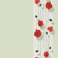 Seamless pattern of red and gray flowers of poppies on a light green background with vertical stripe. Watercolor Royalty Free Stock Photo