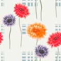 Seamless pattern of wild red, orange, violet flowers on a light gray background with squares. Watercolor Royalty Free Stock Photo