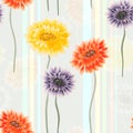 Seamless pattern of wild red, yellow, violet flowers on a light gray background with vertical stripes. Watercolor Royalty Free Stock Photo