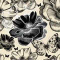 Seamless pattern with wild roses and butterflies